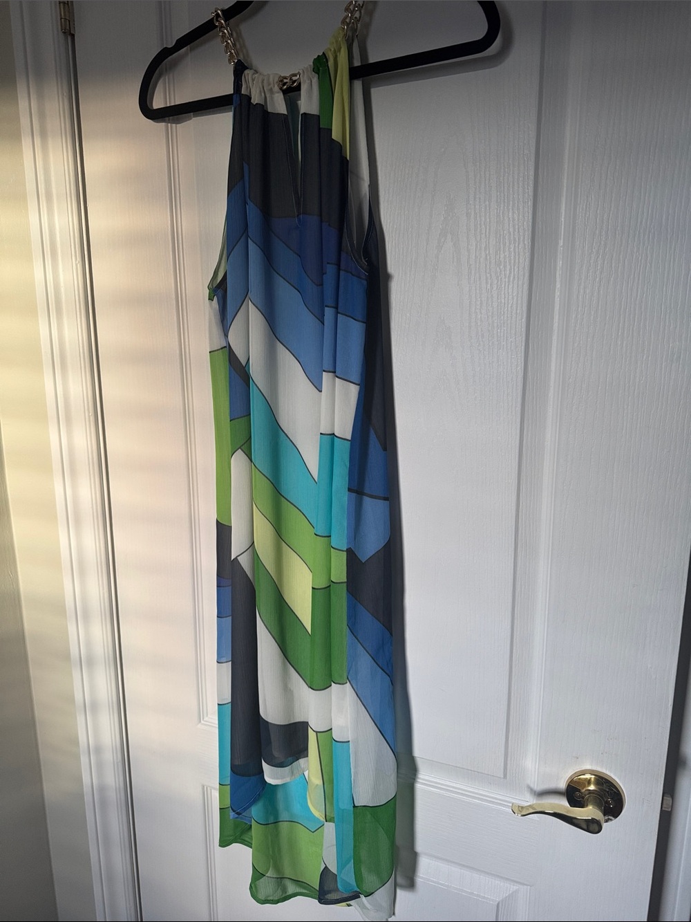 VENUS Blue Green White Black Geometric Halter Asymmetrical Maxi Dress
